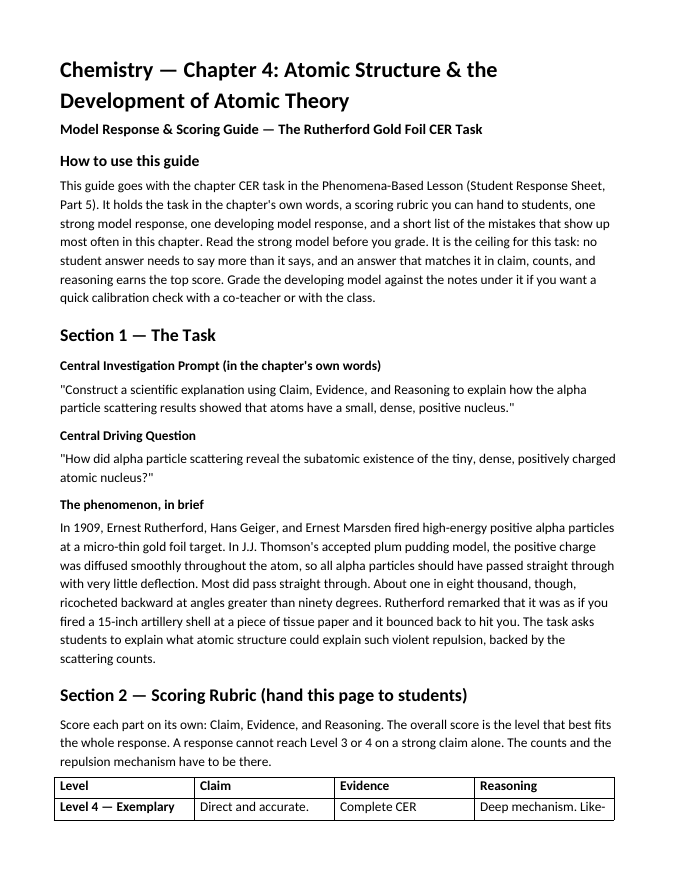 Atomic Structure & the Development of Atomic Theory Model Response & Scoring Guide sample page