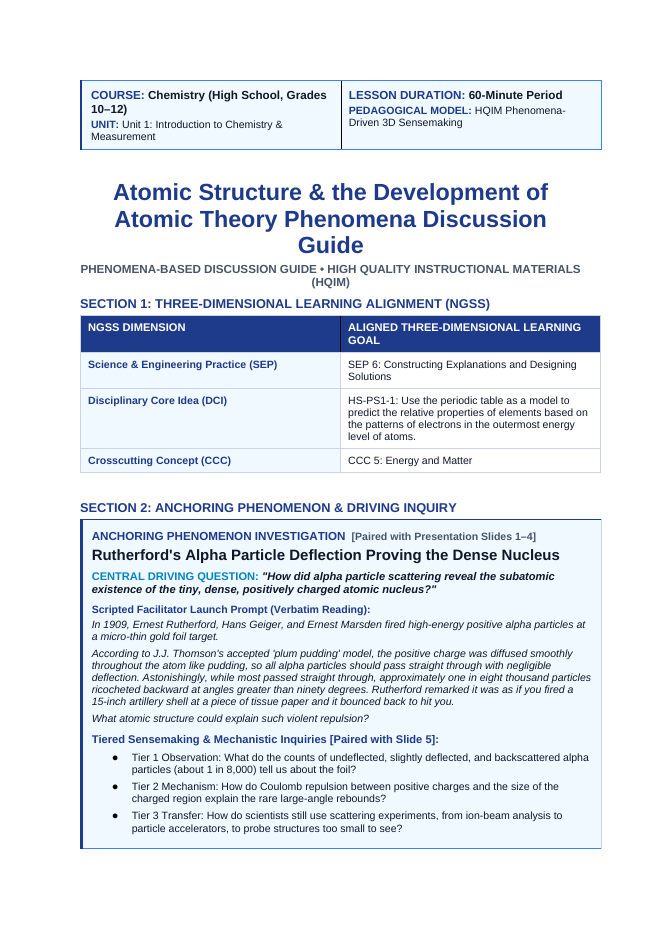 Atomic Structure & the Development of Atomic Theory Phenomena-Based Lesson: Rutherford's Alpha Particle Deflection Proving the Dense Nucleus Teacher Discussion Guide sample page