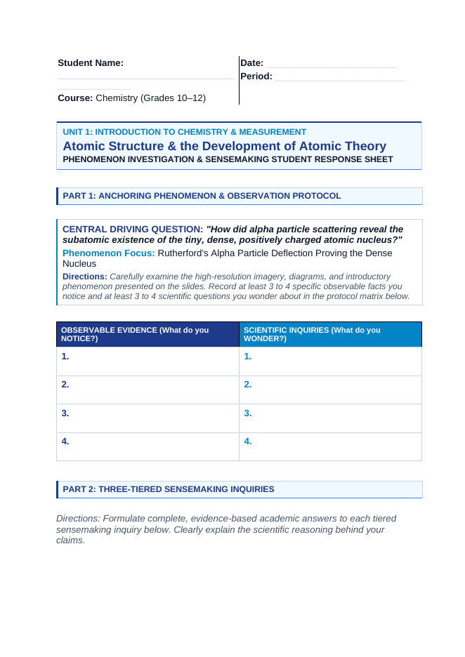 Atomic Structure & the Development of Atomic Theory Phenomena-Based Lesson: Rutherford's Alpha Particle Deflection Proving the Dense Nucleus Student Response Sheet sample page