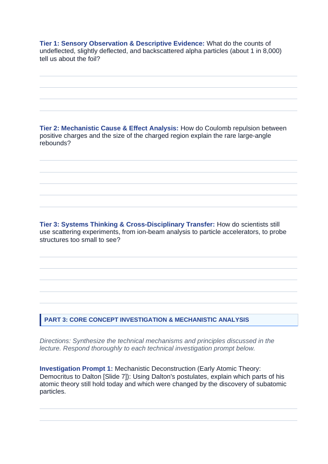 Atomic Structure & the Development of Atomic Theory Phenomena-Based Lesson: Rutherford's Alpha Particle Deflection Proving the Dense Nucleus Student Response Sheet sample page