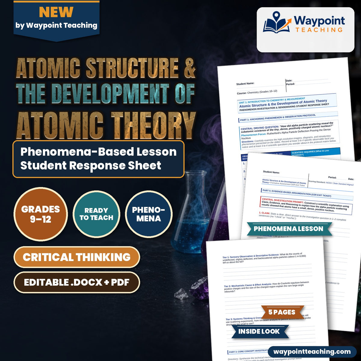 Atomic Structure & the Development of Atomic Theory Phenomena-Based Lesson: Rutherford's Alpha Particle Deflection Proving the Dense Nucleus Student Response Sheet cover