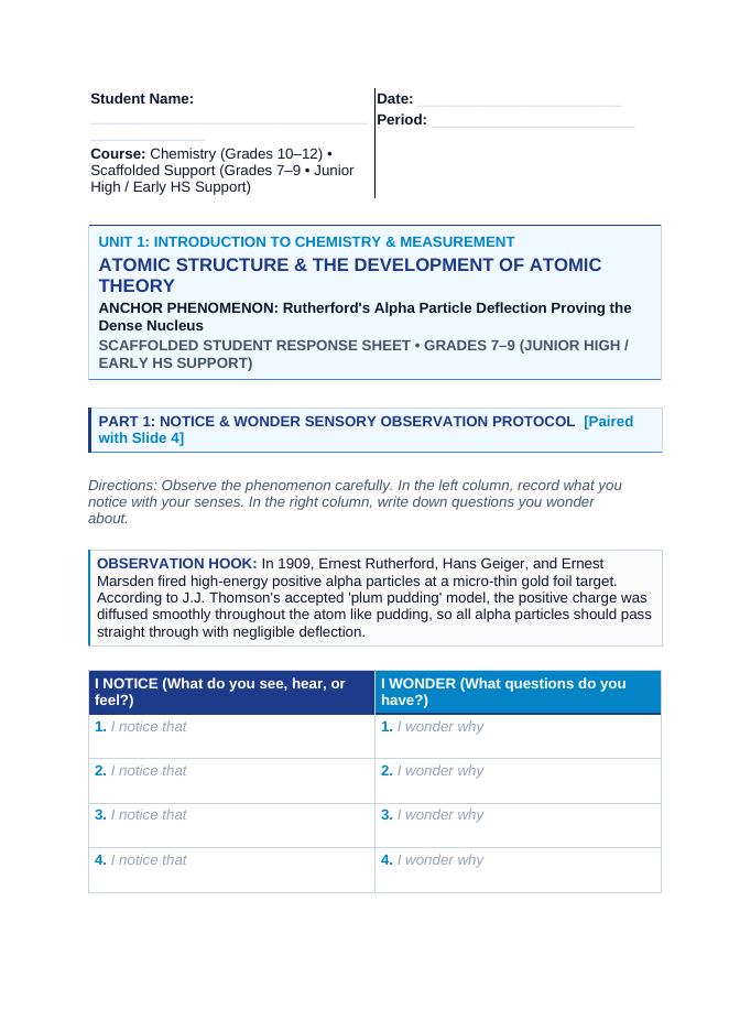 Atomic Structure & the Development of Atomic Theory Scaffolded Phenomena-Based Lesson: Rutherford's Alpha Particle Deflection Proving the Dense Nucleus Student Response Sheet sample page