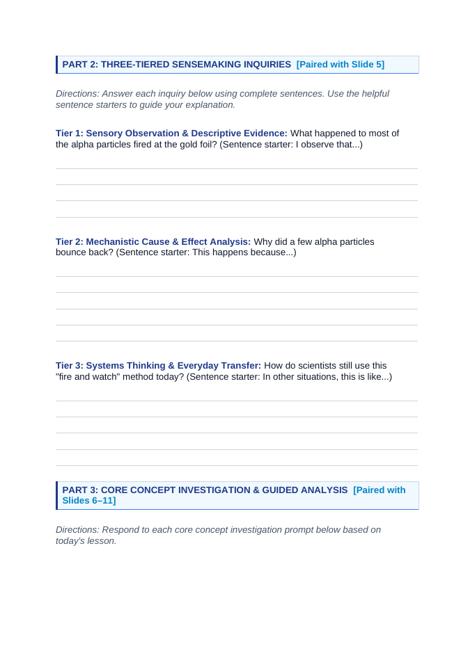 Atomic Structure & the Development of Atomic Theory Scaffolded Phenomena-Based Lesson: Rutherford's Alpha Particle Deflection Proving the Dense Nucleus Student Response Sheet sample page