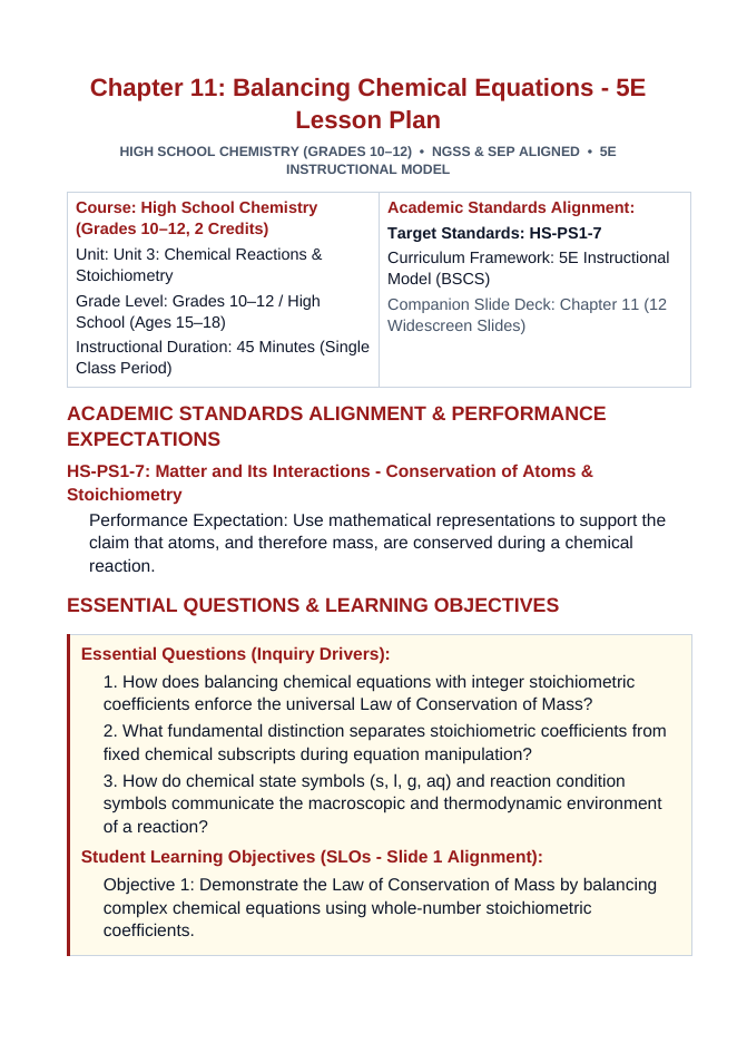 Balancing Chemical Equations 5E Lesson Plan sample page