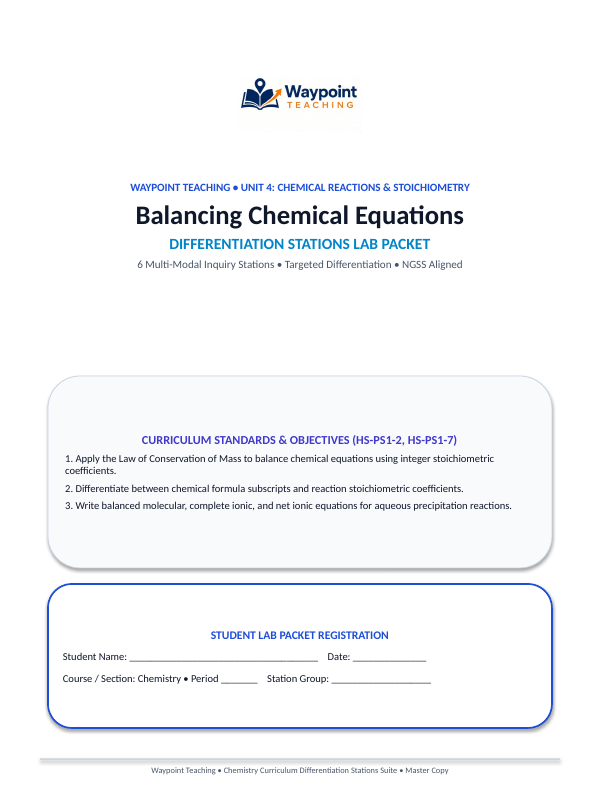 Balancing Chemical Equations Differentiation Stations sample page
