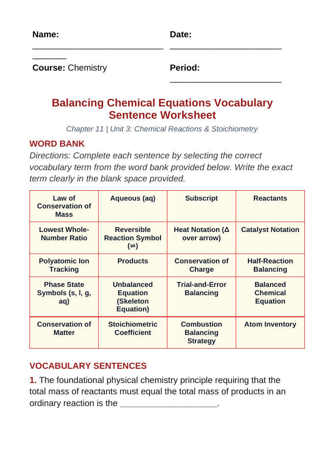 Balancing Chemical Equations Fill-in-the-Blank Vocabulary Worksheet sample page