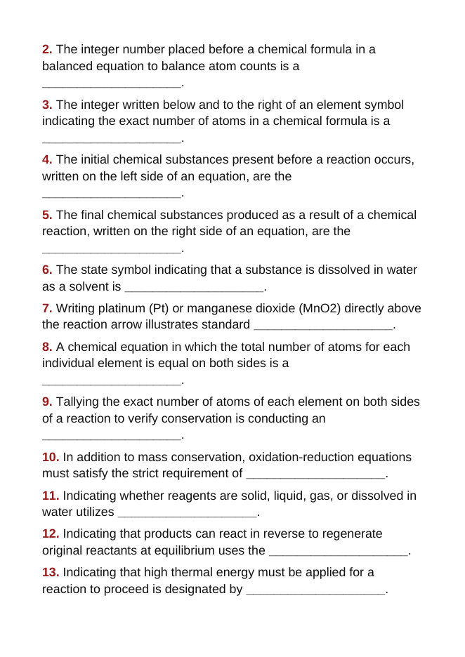 Balancing Chemical Equations Fill-in-the-Blank Vocabulary Worksheet sample page