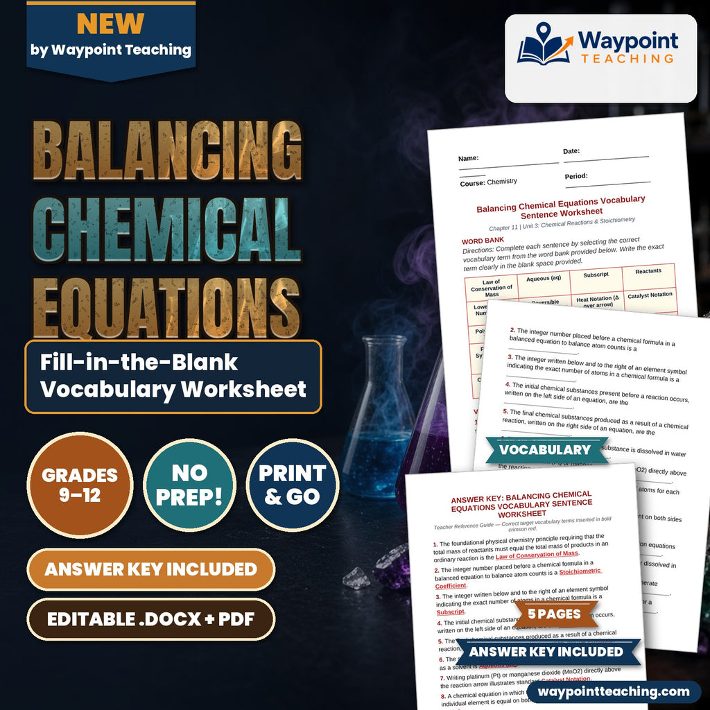 Balancing Chemical Equations Fill-in-the-Blank Vocabulary Worksheet cover