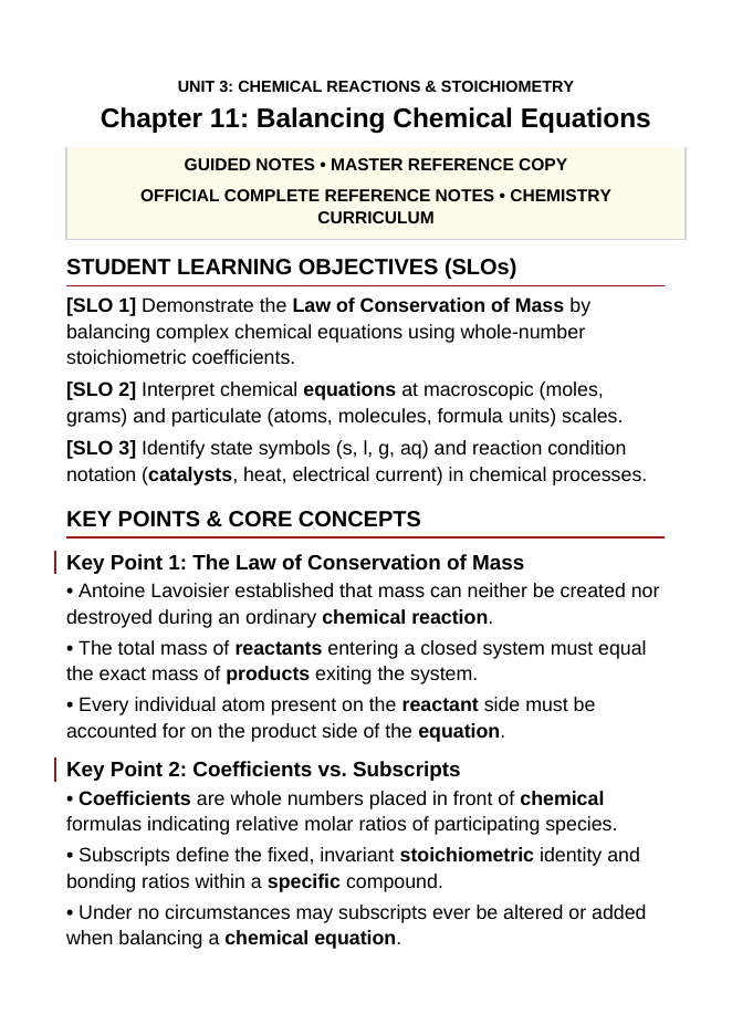 Balancing Chemical Equations Guided Notes sample page