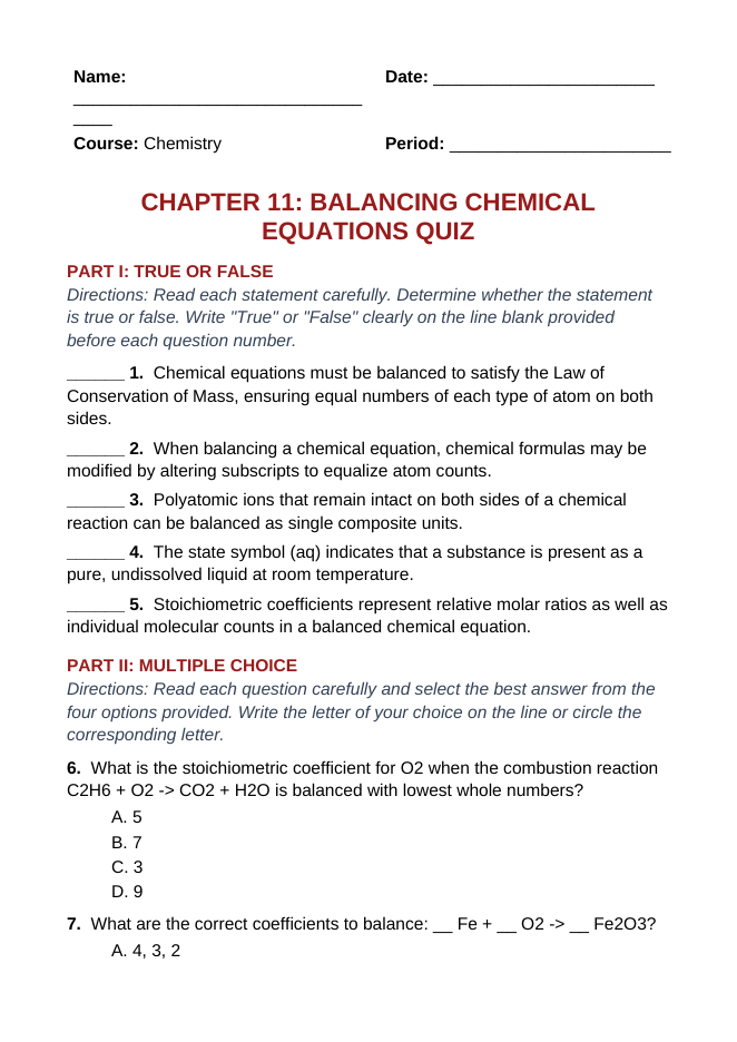 Balancing Chemical Equations Lesson Quiz sample page