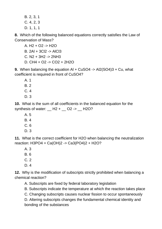Balancing Chemical Equations Lesson Quiz sample page