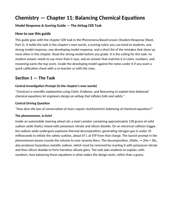 Balancing Chemical Equations Model Response & Scoring Guide sample page