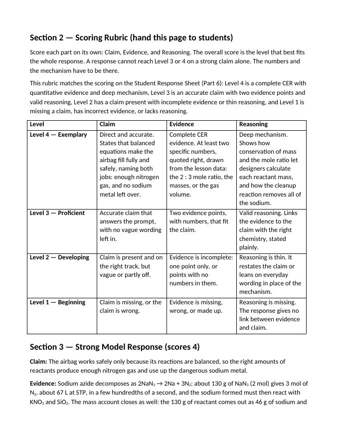 Balancing Chemical Equations Model Response & Scoring Guide sample page