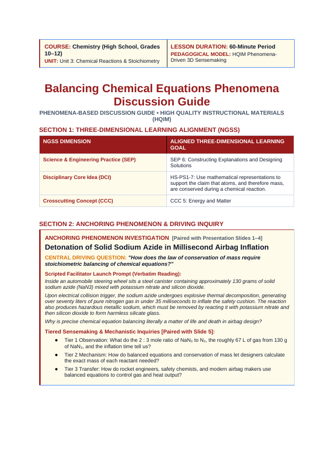 Balancing Chemical Equations Phenomena-Based Lesson: Detonation of Solid Sodium Azide in Millisecond Airbag Inflation Teacher Discussion Guide sample page