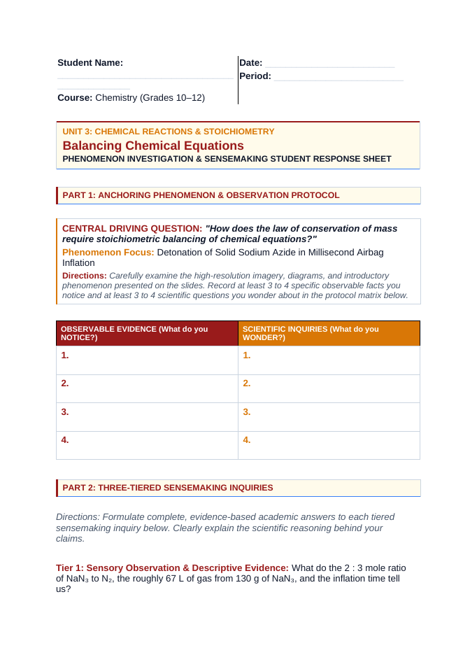 Balancing Chemical Equations Phenomena-Based Lesson: Detonation of Solid Sodium Azide in Millisecond Airbag Inflation Student Response Sheet sample page