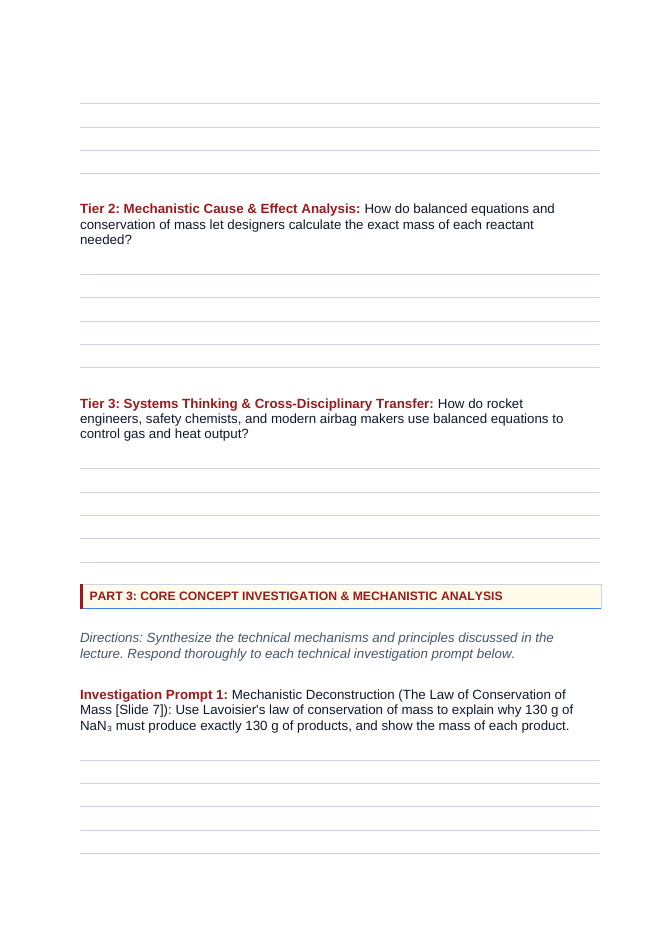 Balancing Chemical Equations Phenomena-Based Lesson: Detonation of Solid Sodium Azide in Millisecond Airbag Inflation Student Response Sheet sample page