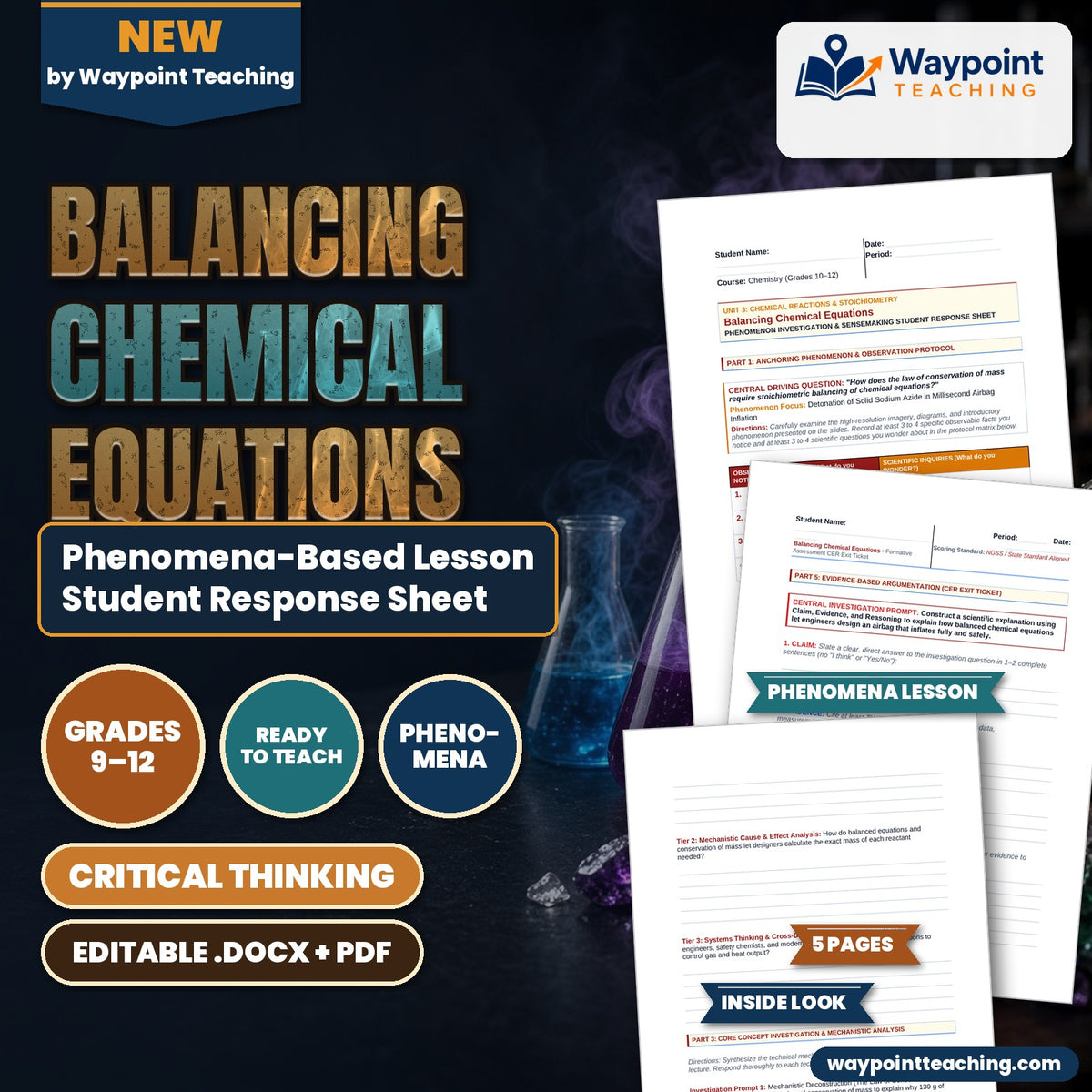 Balancing Chemical Equations Phenomena-Based Lesson: Detonation of Solid Sodium Azide in Millisecond Airbag Inflation Student Response Sheet cover