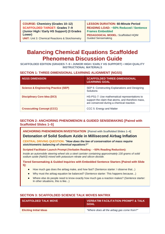 Balancing Chemical Equations Scaffolded Phenomena-Based Lesson: Detonation of Solid Sodium Azide in Millisecond Airbag Inflation Teacher Discussion Guide sample page