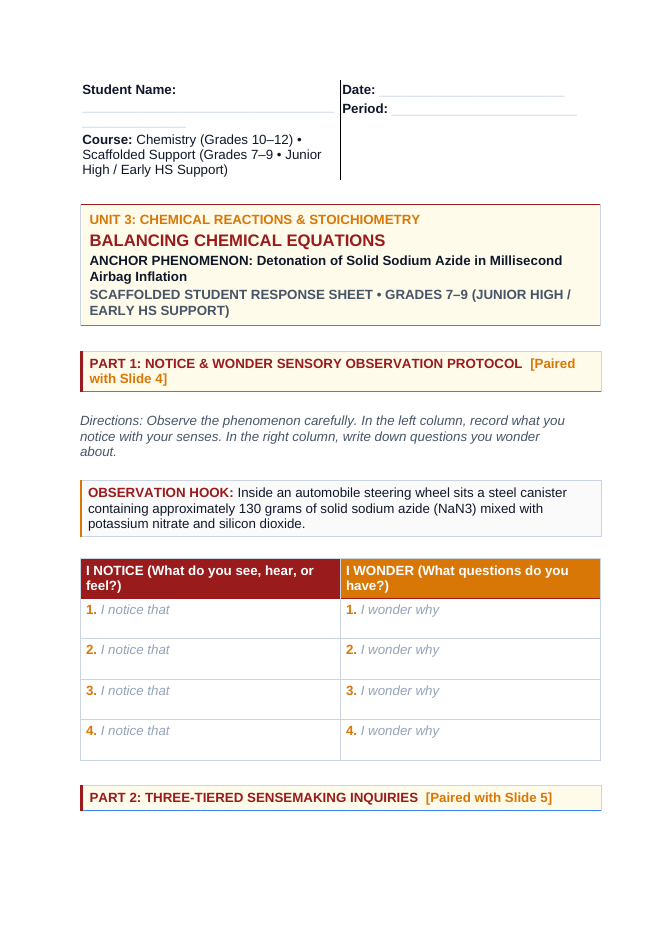 Balancing Chemical Equations Scaffolded Phenomena-Based Lesson: Detonation of Solid Sodium Azide in Millisecond Airbag Inflation Student Response Sheet sample page
