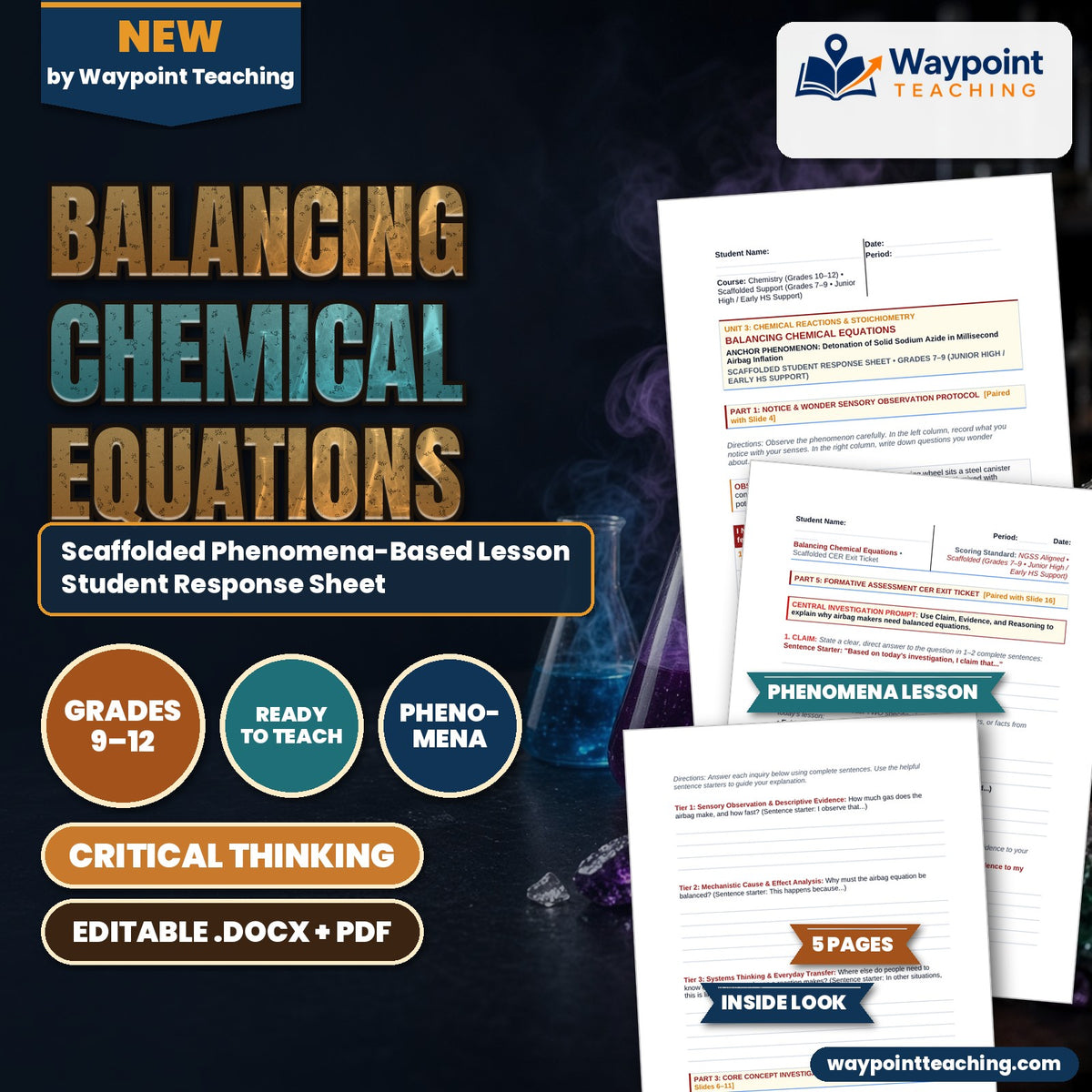 Balancing Chemical Equations Scaffolded Phenomena-Based Lesson: Detonation of Solid Sodium Azide in Millisecond Airbag Inflation Student Response Sheet cover