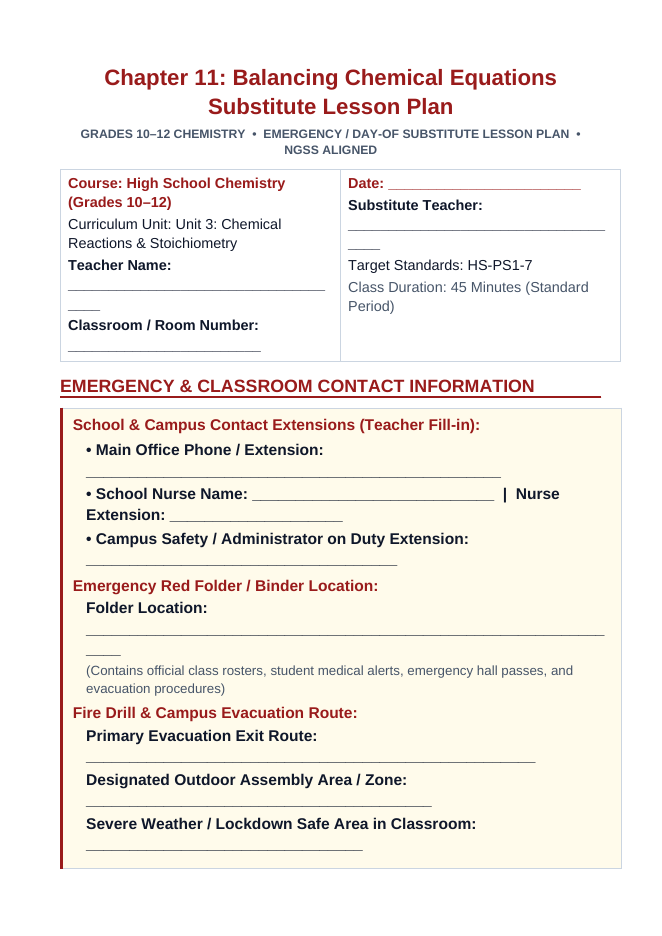 Balancing Chemical Equations Substitute Lesson Plan sample page