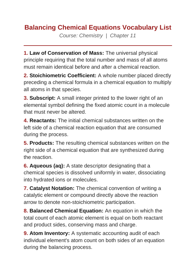 Balancing Chemical Equations Vocabulary Words & Definitions sample page