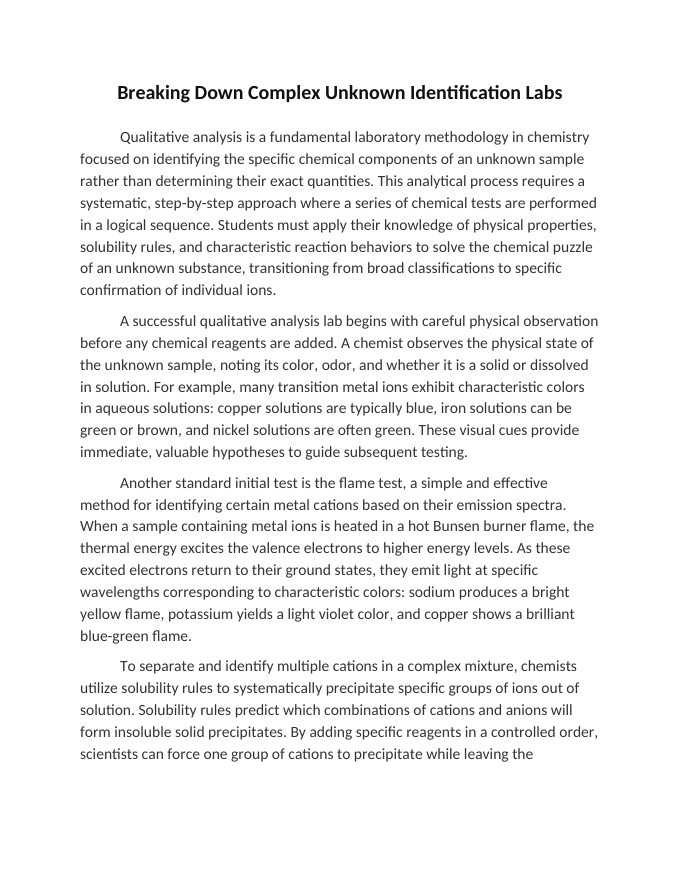 Breaking Down Complex Unknown Identification Labs Reading Worksheet sample page