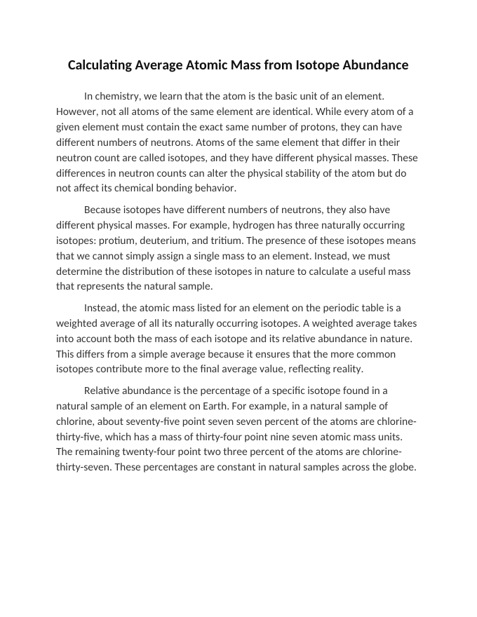 Calculating Average Atomic Mass from Isotope Abundance Reading Worksheet sample page