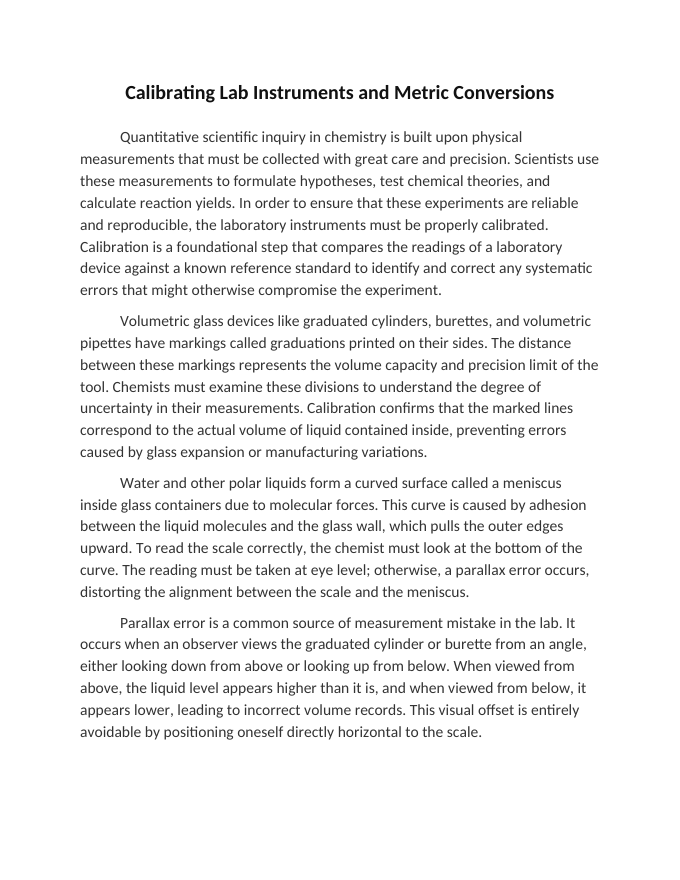 Calibrating Lab Instruments and Metric Conversions Reading Worksheet sample page