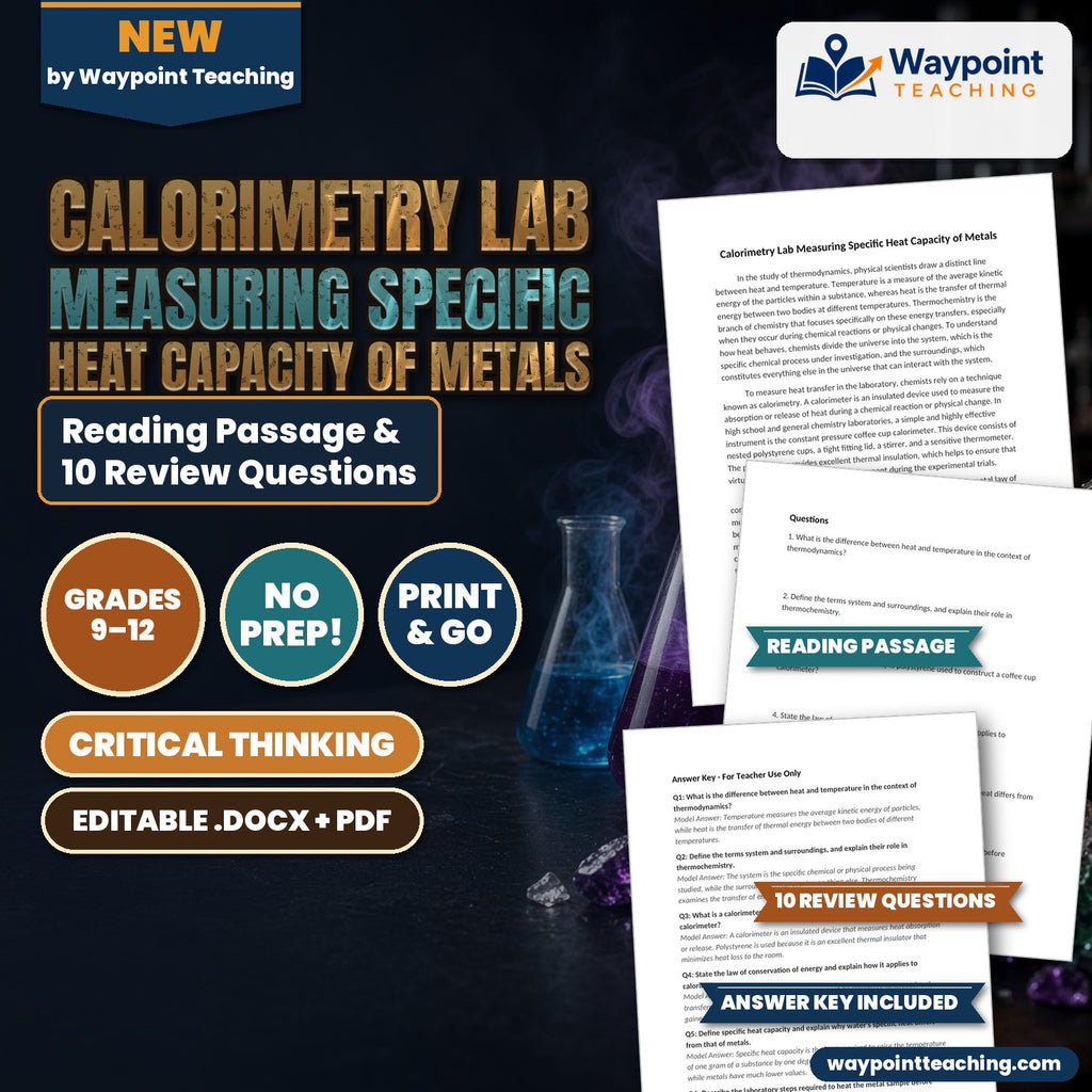 Calorimetry Lab Measuring Specific Heat Capacity of Metals Reading Worksheet cover