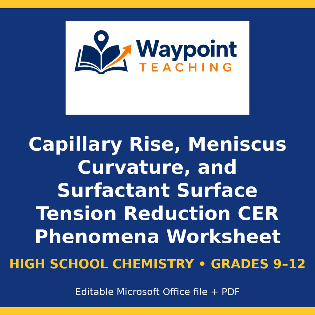 Capillary Rise, Meniscus Curvature, and Surfactant Surface Tension Reduction CER Phenomena Worksheet cover