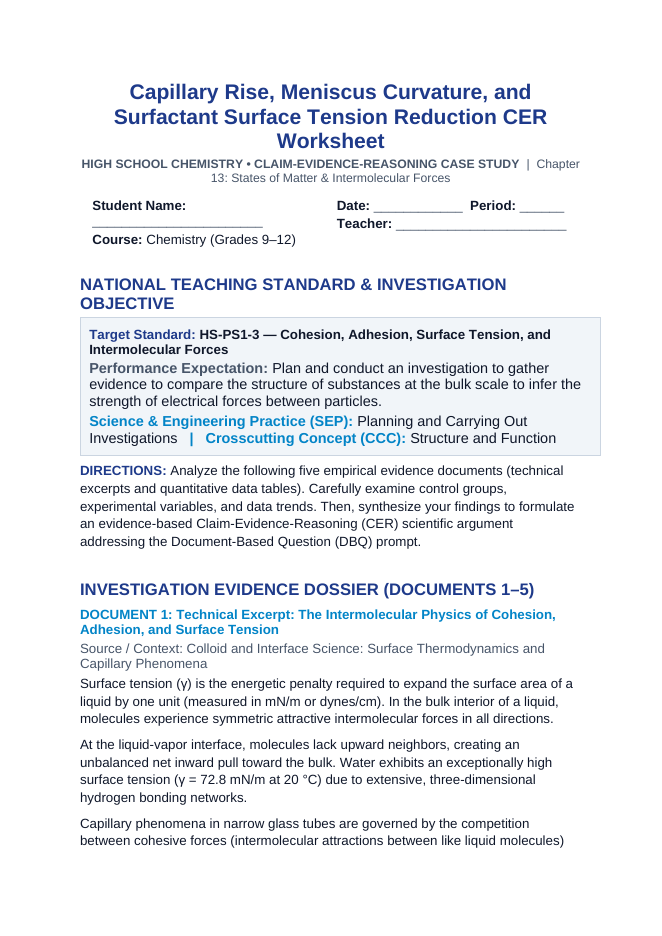 Capillary Rise, Meniscus Curvature, and Surfactant Surface Tension Reduction CER Phenomena Worksheet sample page