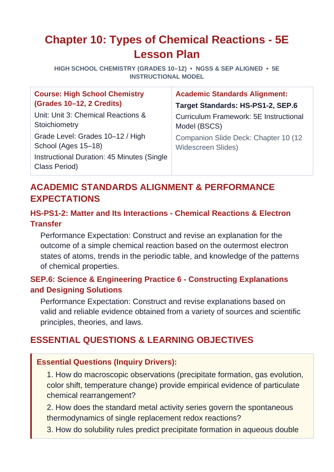 Classifying Chemical Reactions 5E Lesson Plan sample page