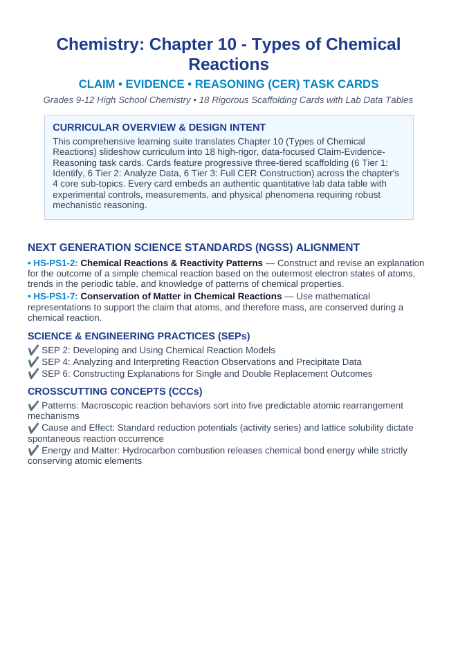 Classifying Chemical Reactions CER Task Cards sample page