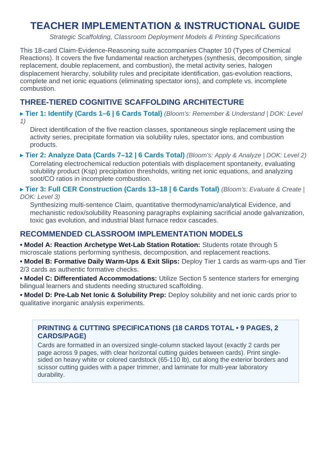 Classifying Chemical Reactions CER Task Cards sample page