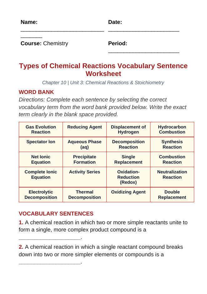 Classifying Chemical Reactions Fill-in-the-Blank Vocabulary Worksheet sample page