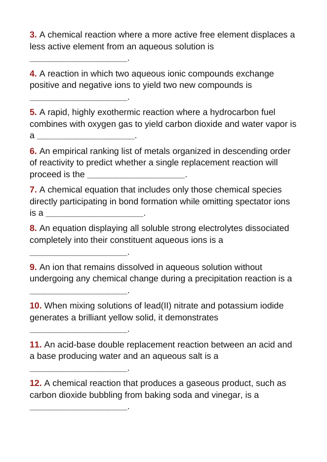 Classifying Chemical Reactions Fill-in-the-Blank Vocabulary Worksheet sample page