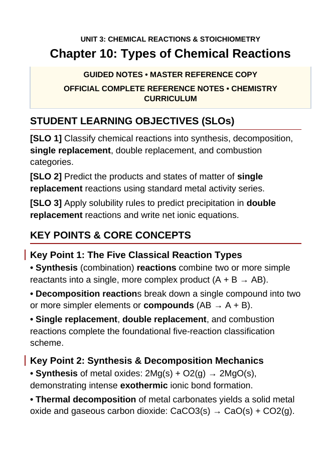 Classifying Chemical Reactions Guided Notes sample page