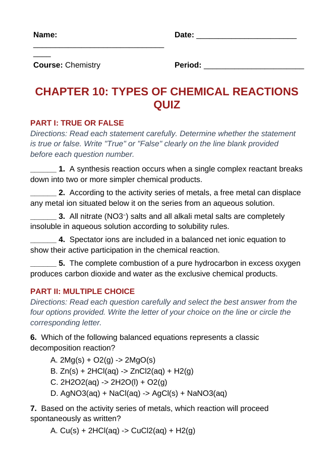 Classifying Chemical Reactions Lesson Quiz sample page