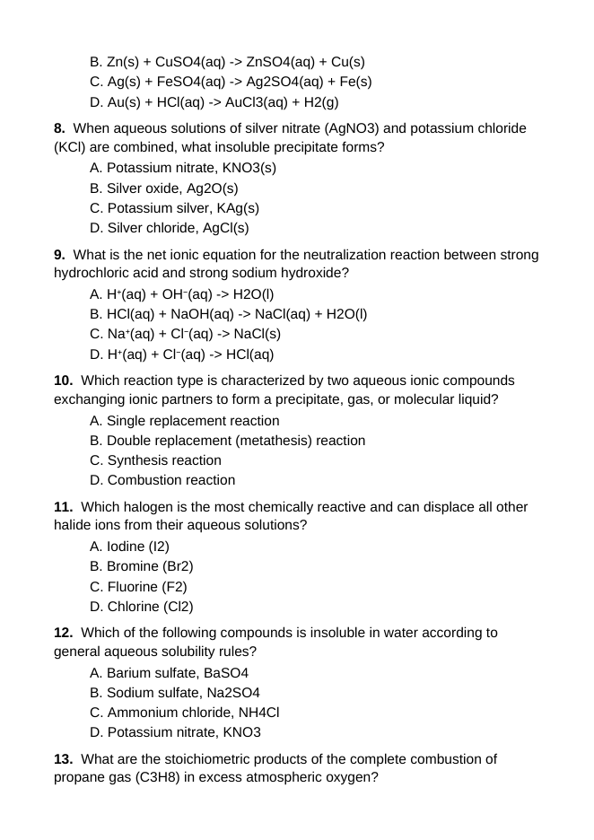 Classifying Chemical Reactions Lesson Quiz sample page
