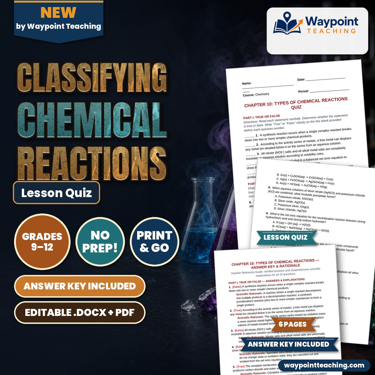 Classifying Chemical Reactions Lesson Quiz cover