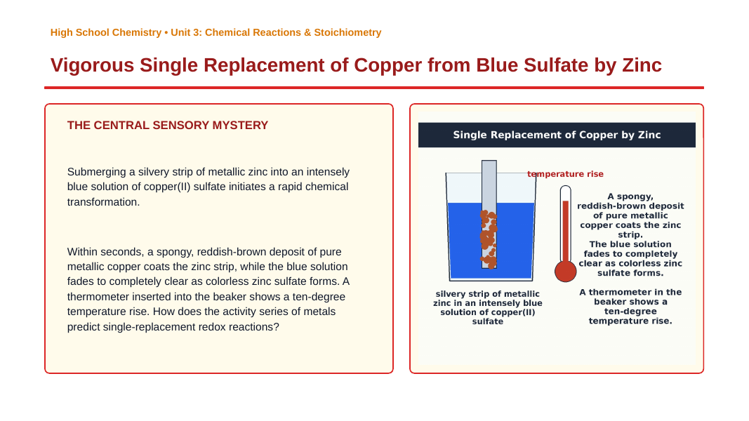 Classifying Chemical Reactions Phenomena-Based Lesson: Vigorous Single Replacement of Copper from Blue Sulfate by Zinc Presentation sample page