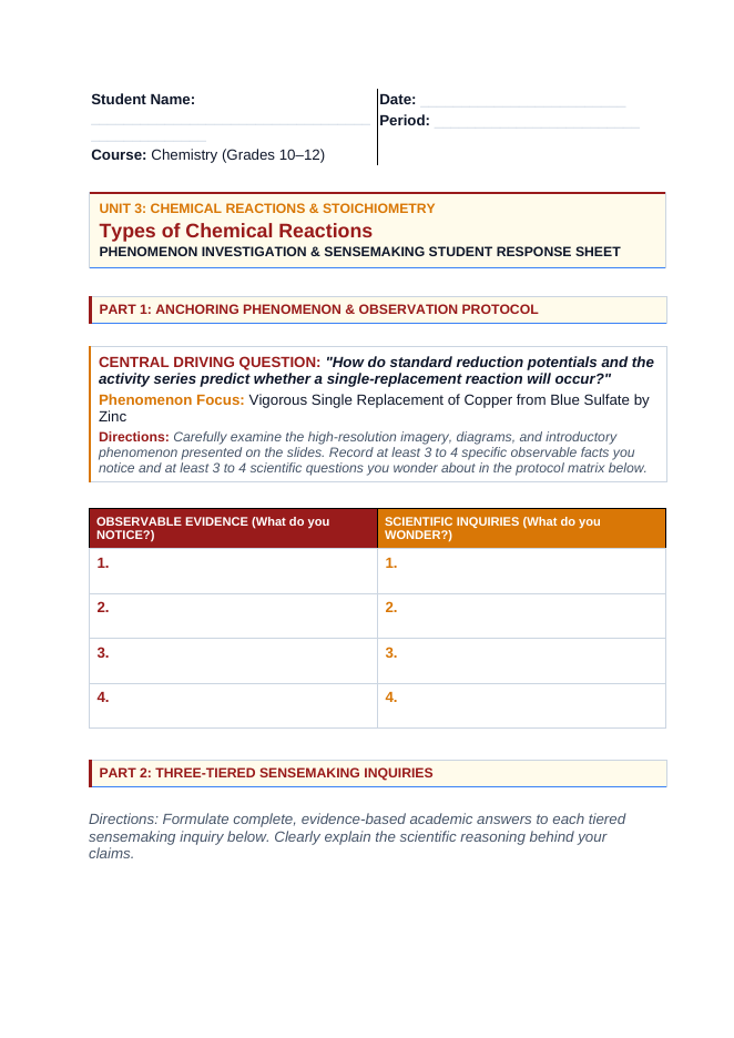Classifying Chemical Reactions Phenomena-Based Lesson: Vigorous Single Replacement of Copper from Blue Sulfate by Zinc Student Response Sheet sample page