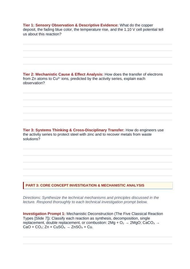 Classifying Chemical Reactions Phenomena-Based Lesson: Vigorous Single Replacement of Copper from Blue Sulfate by Zinc Student Response Sheet sample page