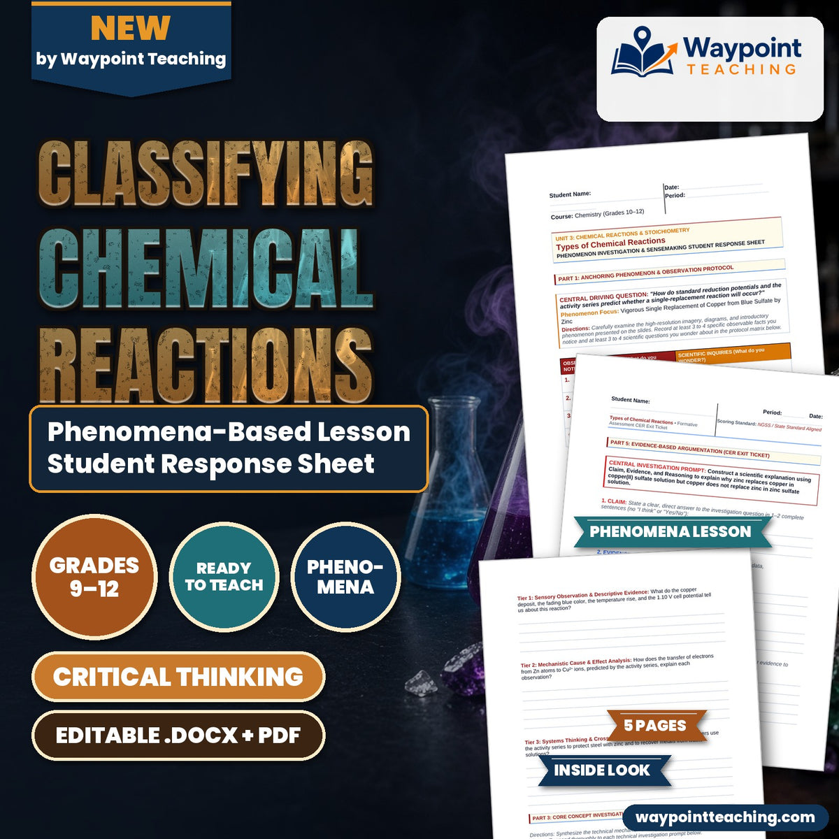 Classifying Chemical Reactions Phenomena-Based Lesson: Vigorous Single Replacement of Copper from Blue Sulfate by Zinc Student Response Sheet cover
