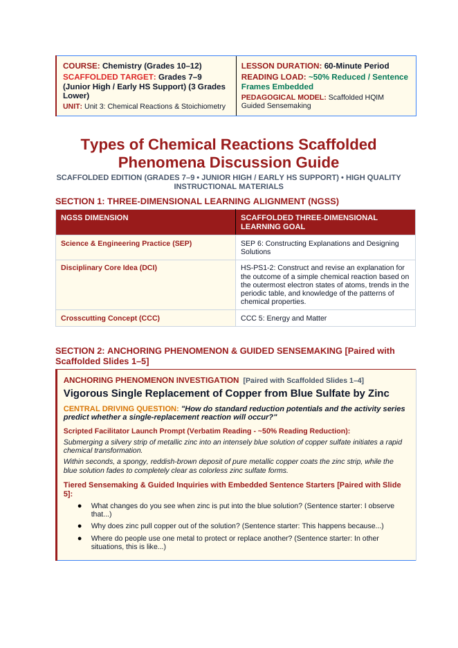 Classifying Chemical Reactions Scaffolded Phenomena-Based Lesson: Vigorous Single Replacement of Copper from Blue Sulfate by Zinc Teacher Discussion Guide sample page