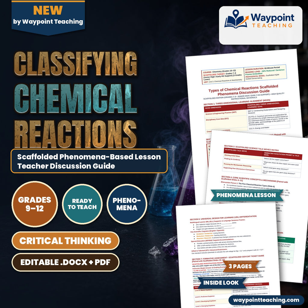 Classifying Chemical Reactions Scaffolded Phenomena-Based Lesson: Vigorous Single Replacement of Copper from Blue Sulfate by Zinc Teacher Discussion Guide cover