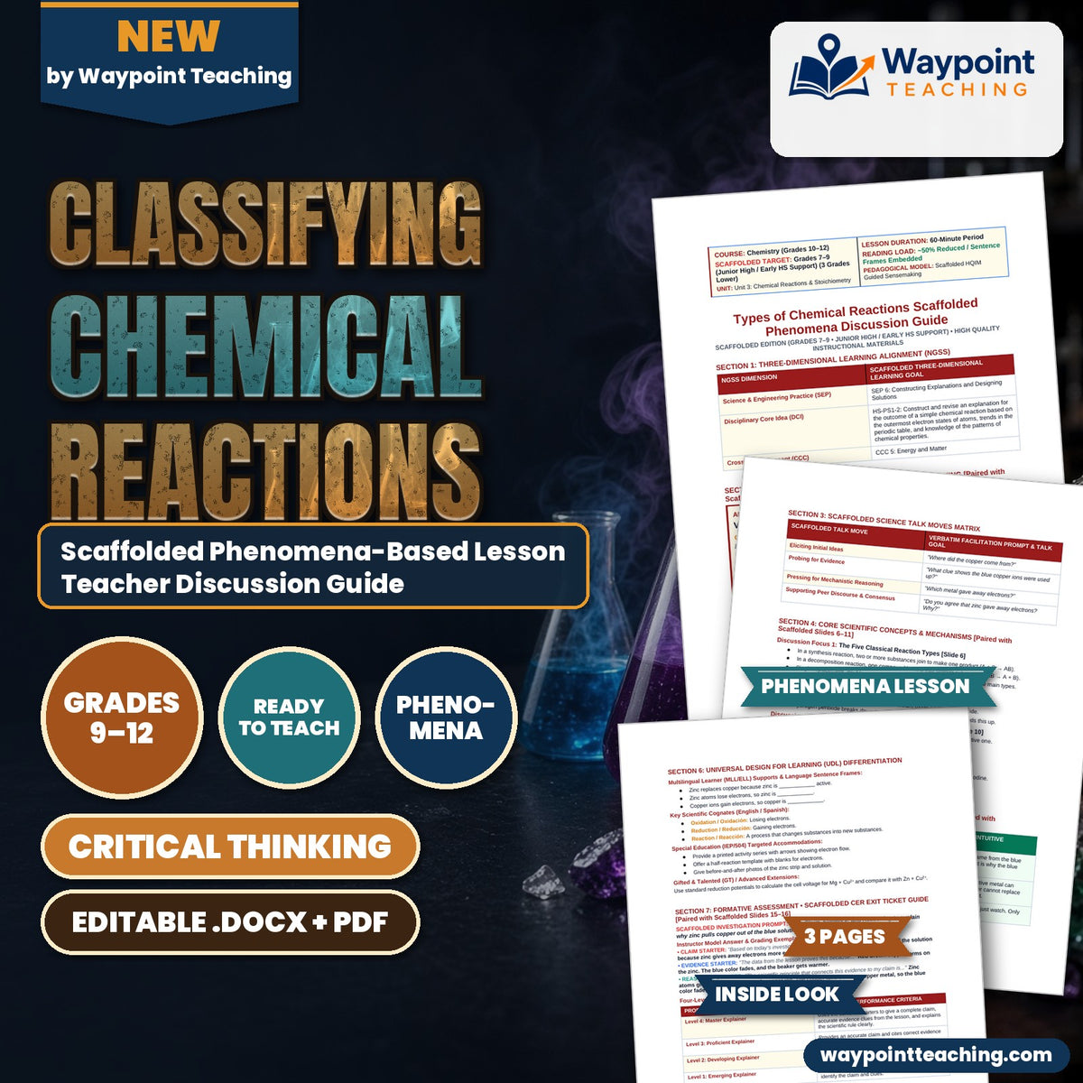 Classifying Chemical Reactions Scaffolded Phenomena-Based Lesson: Vigorous Single Replacement of Copper from Blue Sulfate by Zinc Teacher Discussion Guide cover