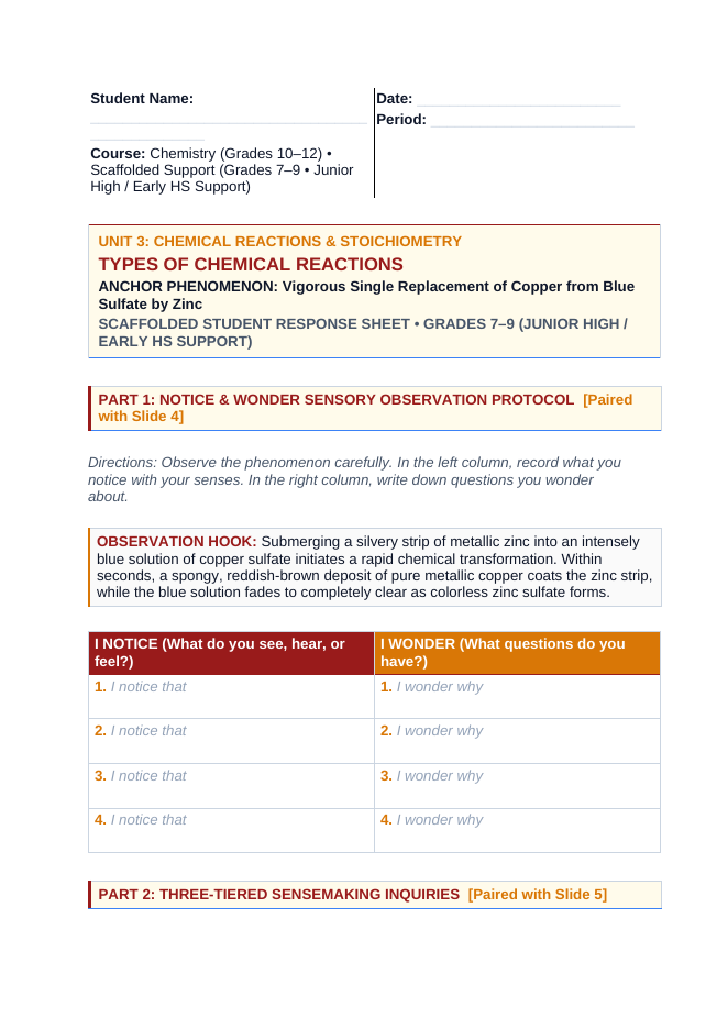 Classifying Chemical Reactions Scaffolded Phenomena-Based Lesson: Vigorous Single Replacement of Copper from Blue Sulfate by Zinc Student Response Sheet sample page