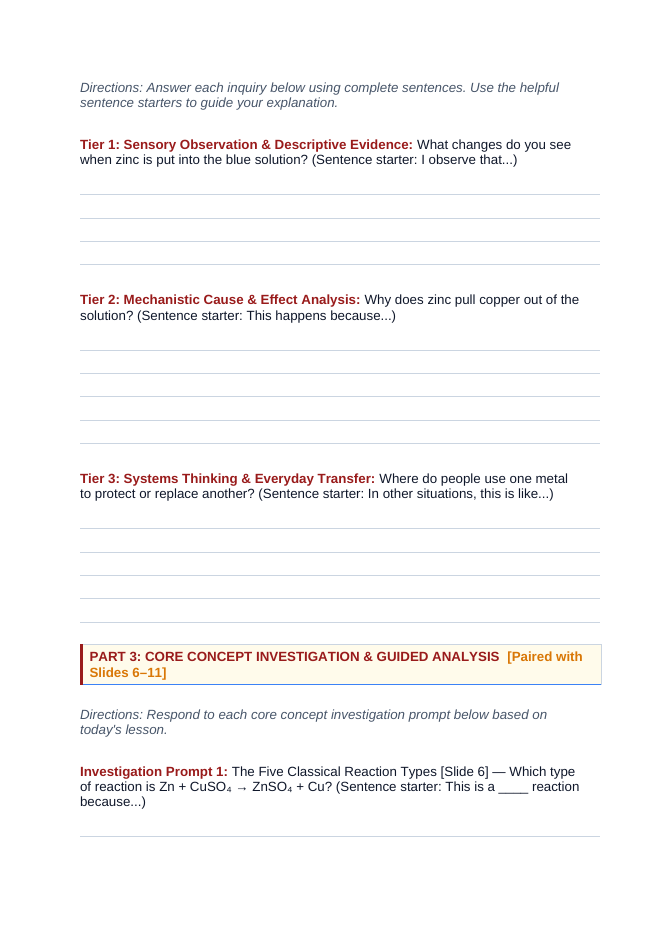 Classifying Chemical Reactions Scaffolded Phenomena-Based Lesson: Vigorous Single Replacement of Copper from Blue Sulfate by Zinc Student Response Sheet sample page